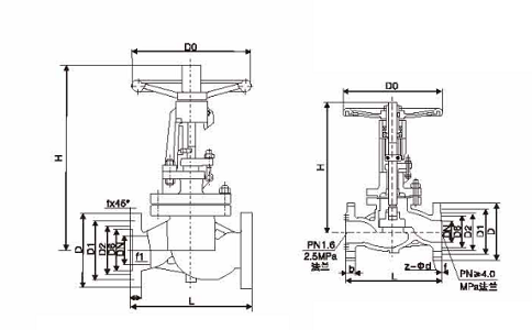 美標(biāo)法蘭截止閥J41W-150LB尺寸表結(jié)構(gòu)示意圖